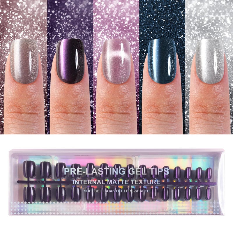 Plauva 150Pcs Cat Eye Press on Nails Short Square, Soft Gel Fake Nails, Glossy Glitter Cat Eye Nail Tips for Women and Girls Stick On Nails in 15 Sizes - Image 1